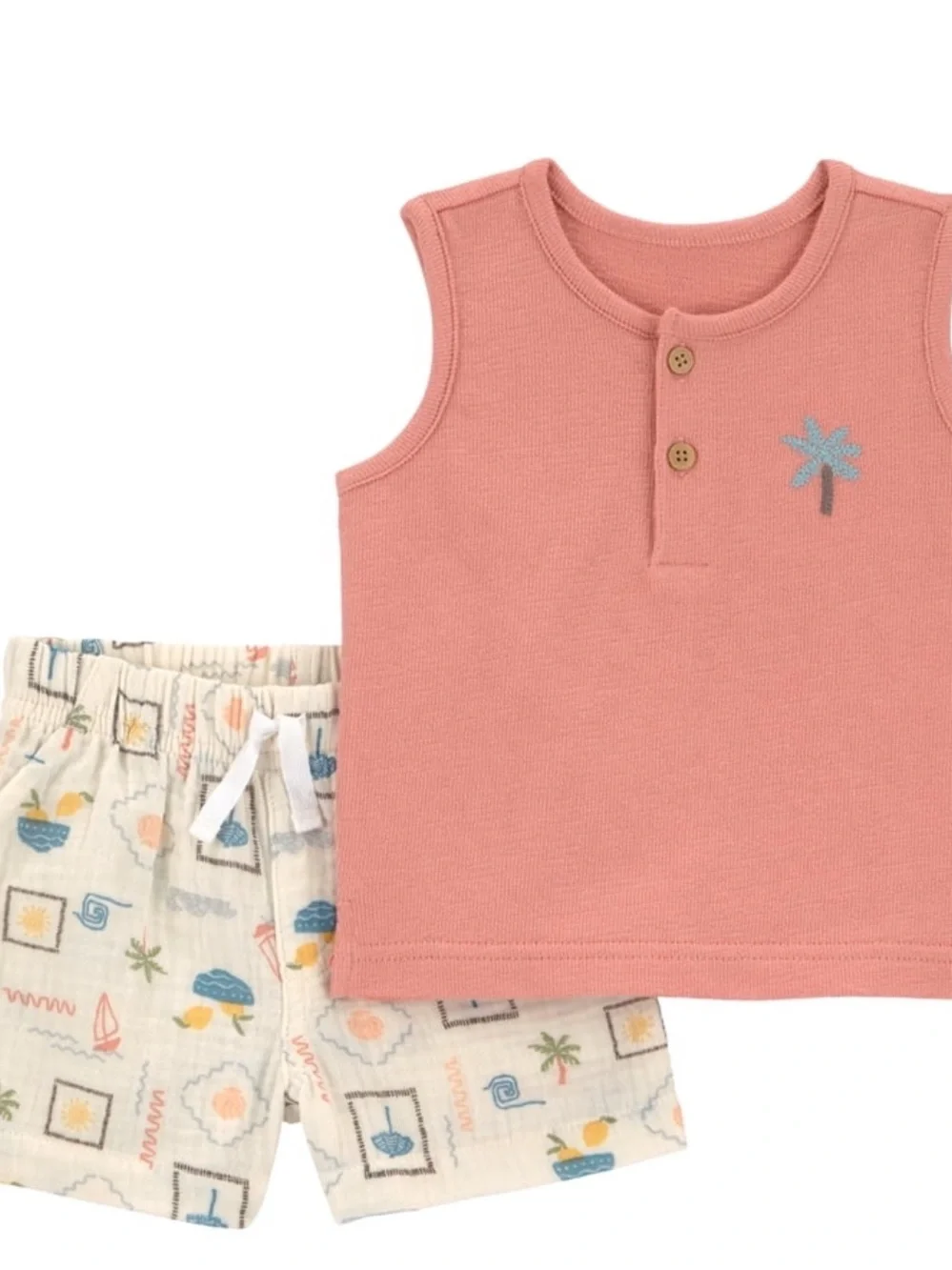 Carter's Coral Pink Tank Top and Printed Cream Shorts Matching Set
